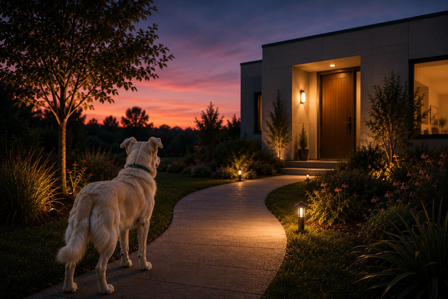 A light-colored dog looking toward a home as one porch light illuminates the curved path to the front door.